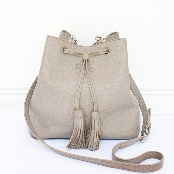 Tory Burch Handbags - Tory Burch Pebbled Leather Drawstring Bucket Bag in Taupe